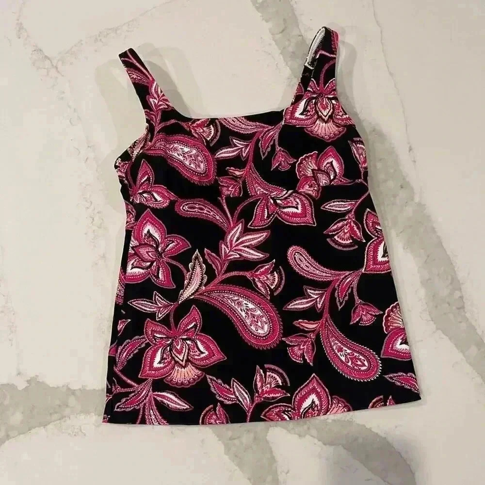 Lands End Bathing Suit Tankini Swim Top Black Pink Floral Paisley Print Womens 4
